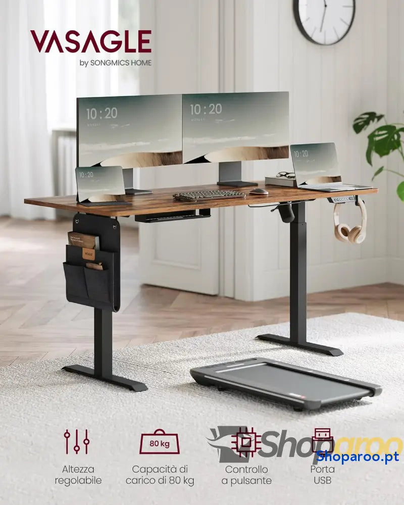 Secretária elétrica de altura regulável 70 x 160 (72 120) ajuste contínuo função memória com 4 alturas castanho rústico