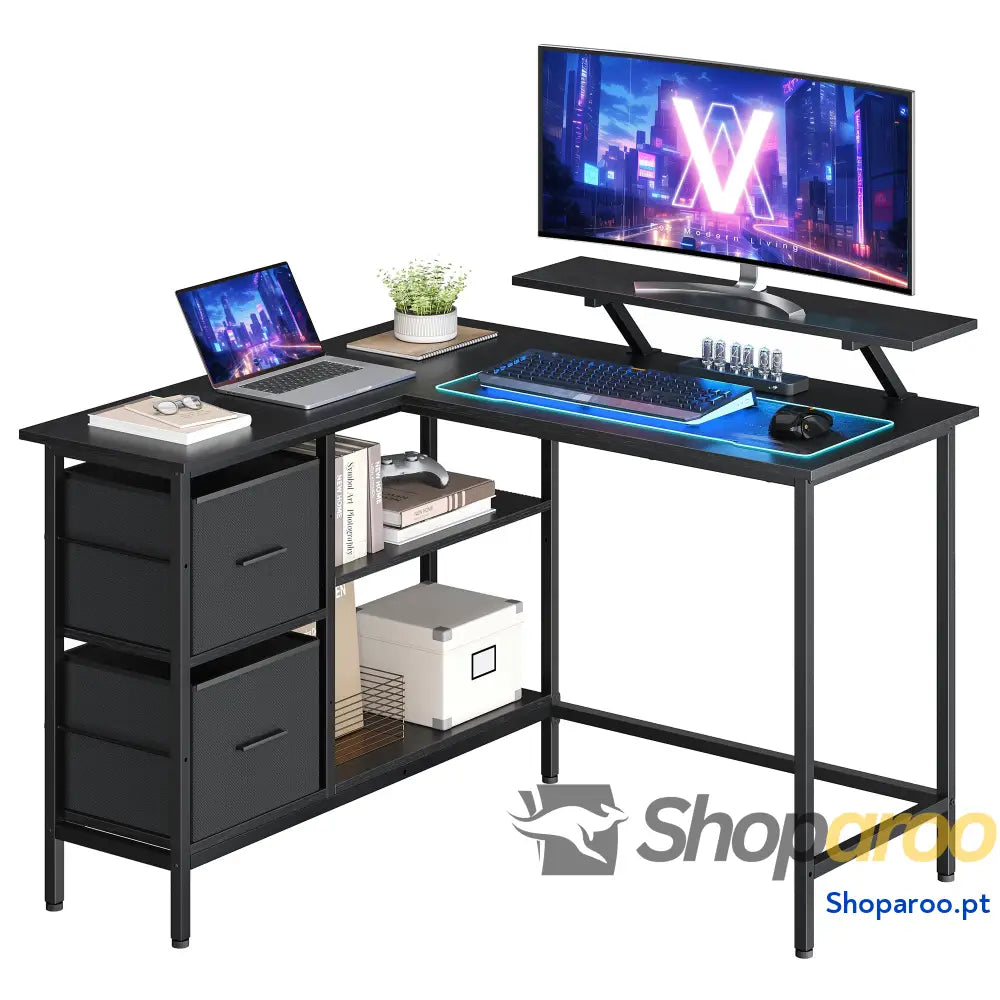 Secretária em forma de L canto com 2 gavetas amplas mesa suporte para monitor prateleira ajustável escritório casa