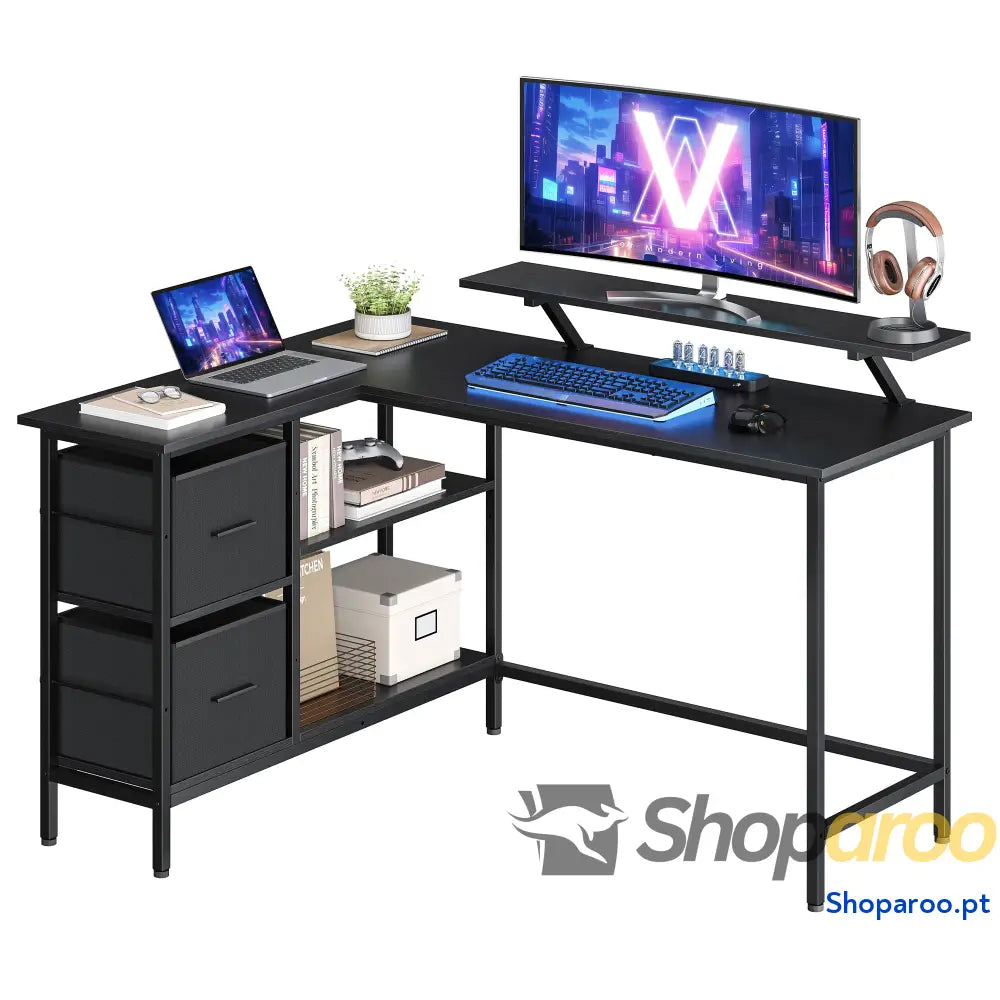 Secretária em forma de L canto com 2 gavetas amplas mesa suporte para monitor prateleira ajustável escritório casa