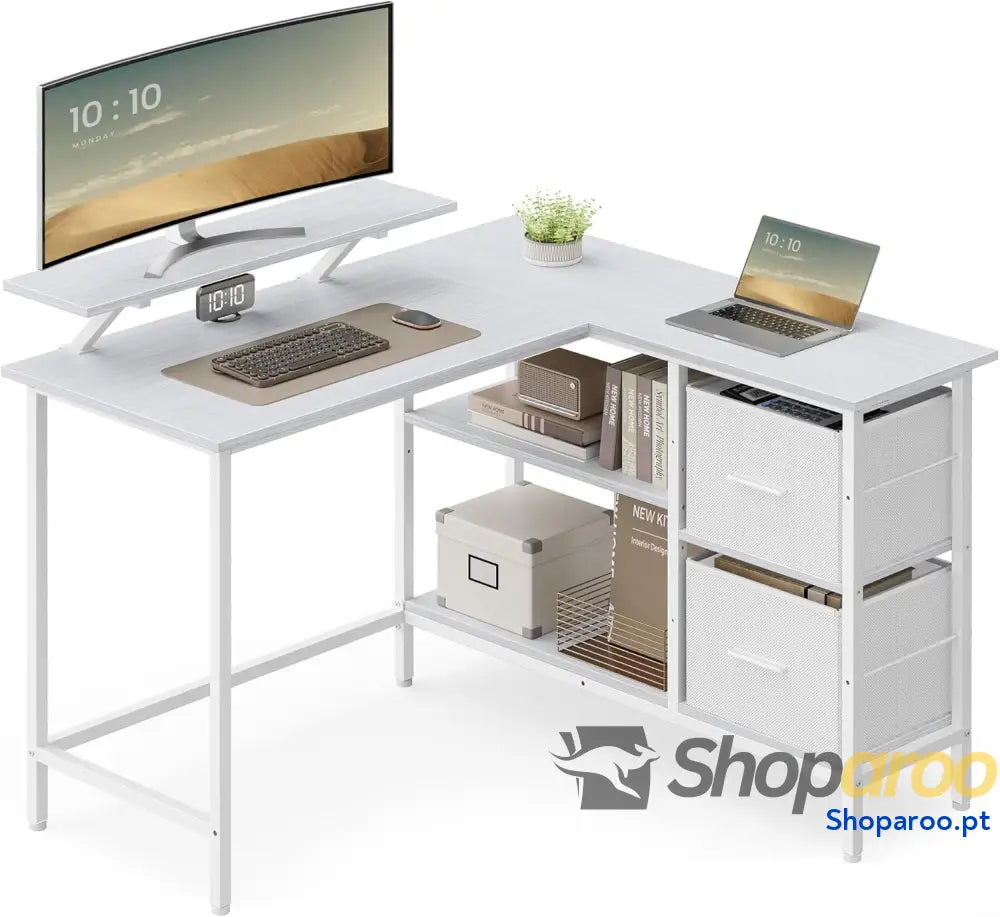 Secretária em forma de L canto com 2 gavetas amplas mesa suporte para monitor prateleira ajustável escritório casa