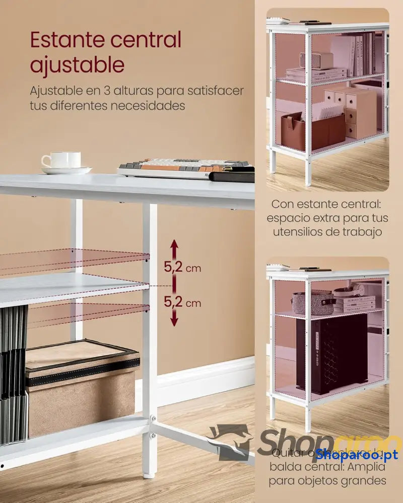 Secretária em forma de L canto com 2 gavetas amplas mesa suporte para monitor prateleira ajustável escritório casa