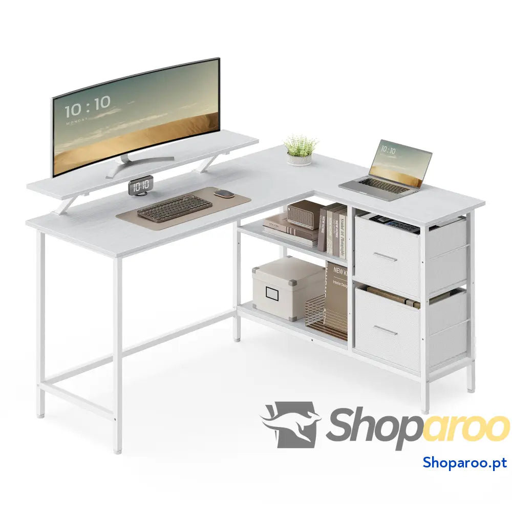 Secretária em forma de L canto com 2 gavetas amplas mesa suporte para monitor prateleira ajustável escritório casa