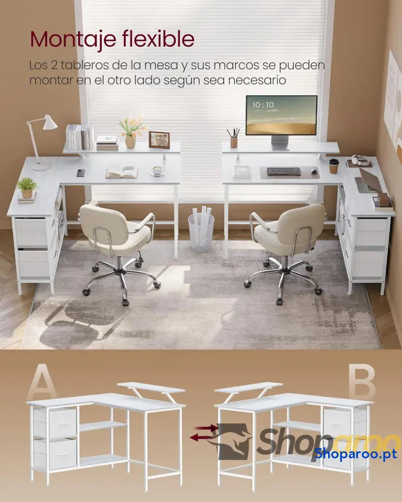 Secretária em forma de L canto com 2 gavetas amplas mesa suporte para monitor prateleira ajustável escritório casa