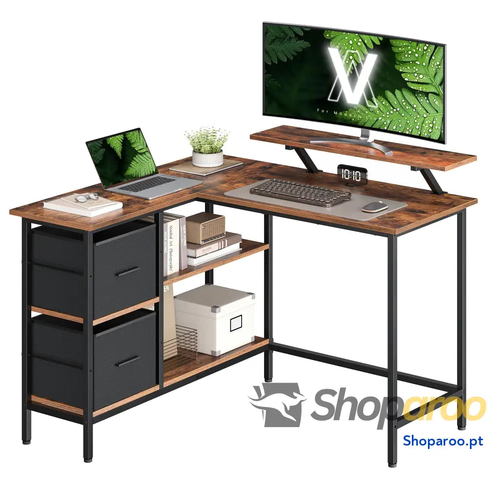 Secretária em forma de L canto com 2 gavetas amplas mesa suporte para monitor prateleira ajustável escritório casa