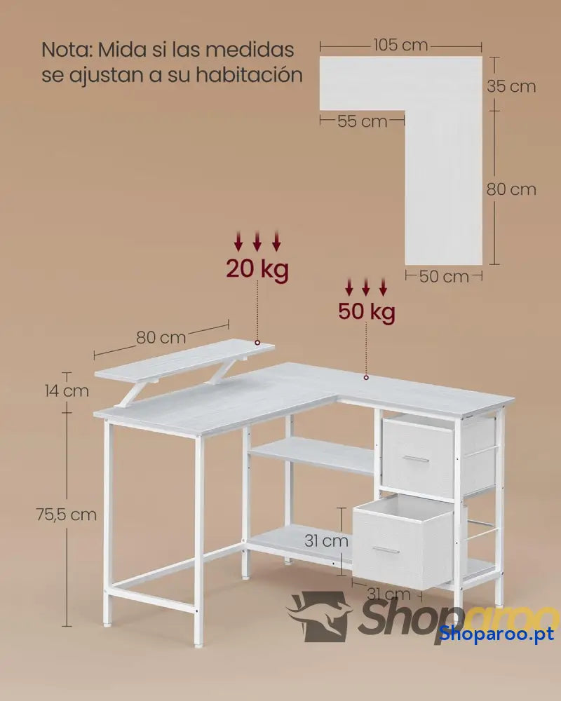 Secretária em forma de L canto com 2 gavetas amplas mesa suporte para monitor prateleira ajustável escritório casa