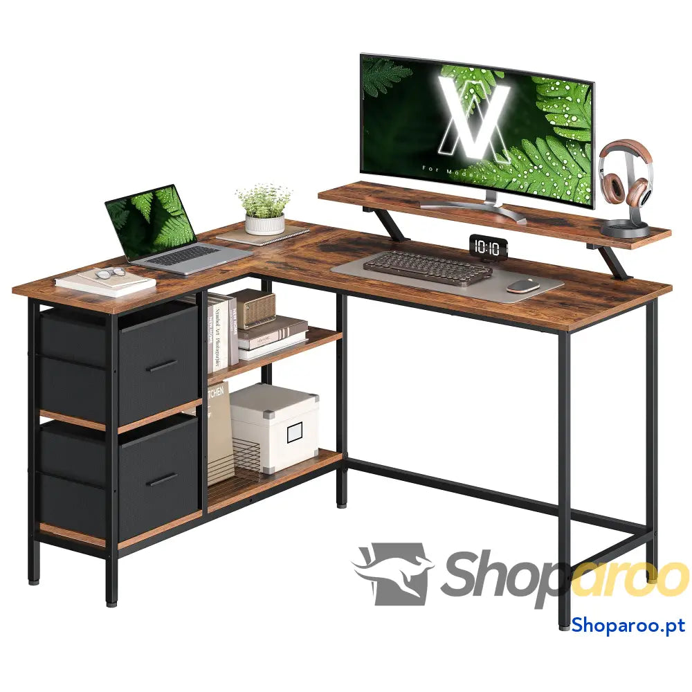Secretária em forma de L canto com 2 gavetas amplas mesa suporte para monitor prateleira ajustável escritório casa