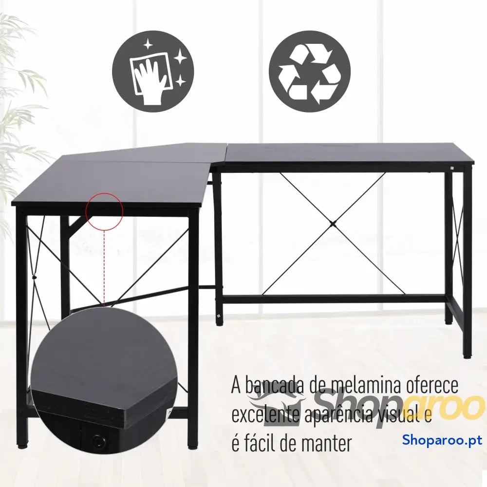 Secretária em Forma de L para Escritório com Estrutura Metal Canto 150x150x76 cm Preto