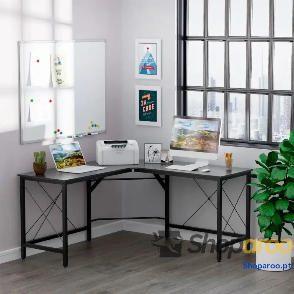 Secretária em Forma de L para Escritório com Estrutura Metal Canto 150x150x76 cm Preto