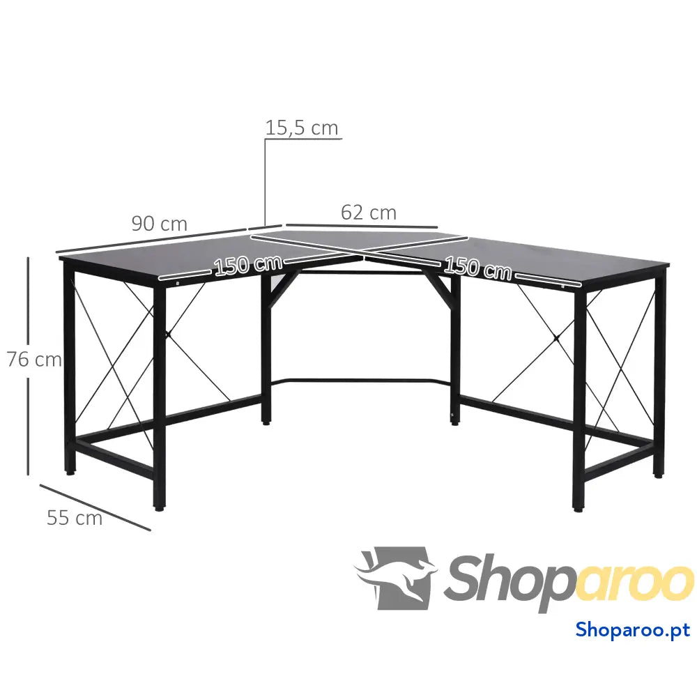 Secretária em Forma de L para Escritório com Estrutura Metal Canto 150x150x76 cm Preto