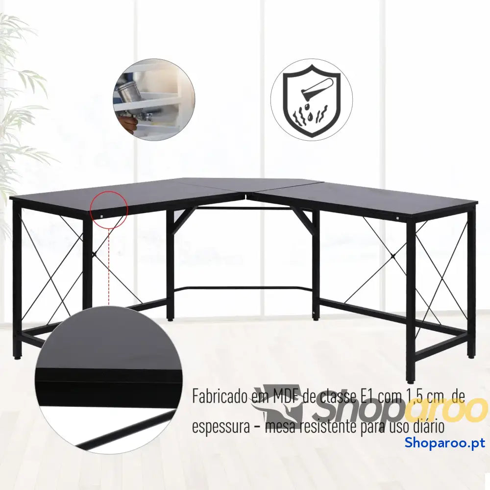 Secretária em Forma de L para Escritório com Estrutura Metal Canto 150x150x76 cm Preto