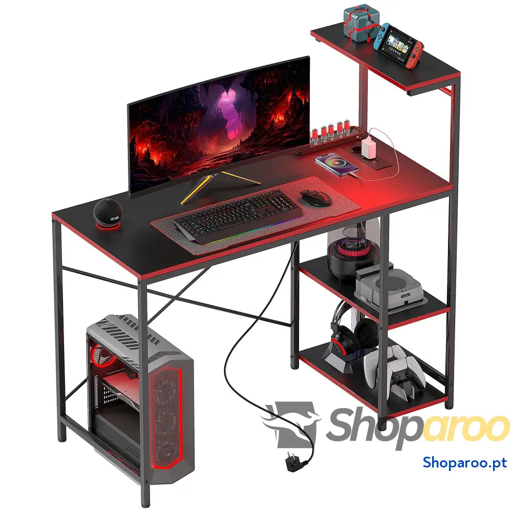 Secretária Gaming com Luzes LED 100x50 cm de Fibra Carbono Tomadas Corrente e Controlo Remoto Preto