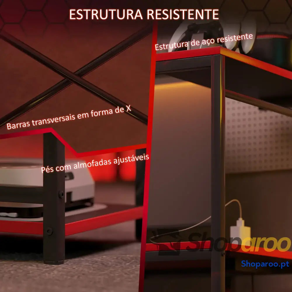 Secretária Gaming com Luzes LED 100x50 cm de Fibra Carbono Tomadas Corrente e Controlo Remoto Preto