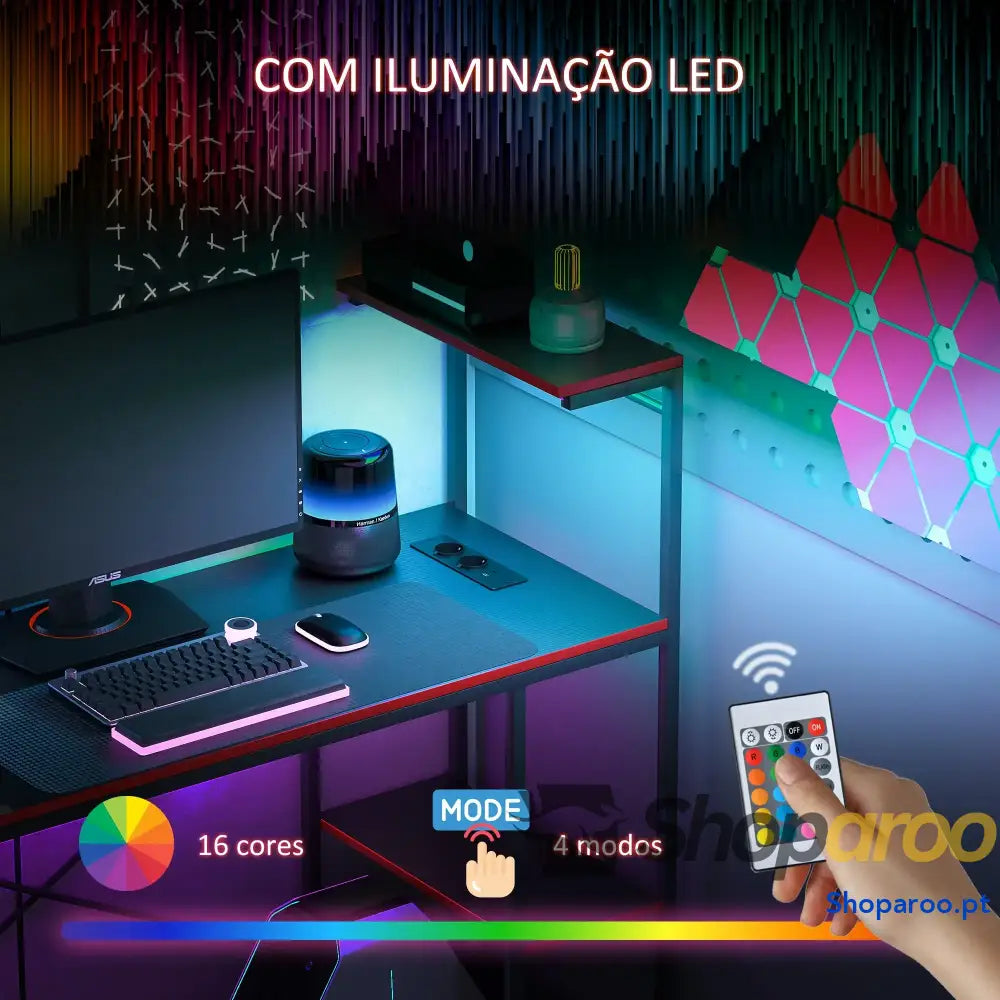 Secretária Gaming com Luzes LED 100x50 cm de Fibra Carbono Tomadas Corrente e Controlo Remoto Preto
