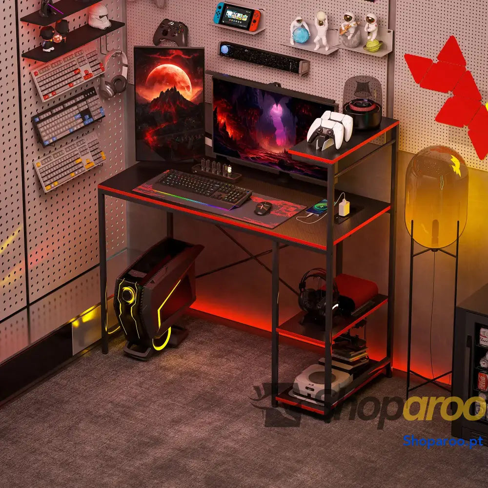 Secretária Gaming com Luzes LED 100x50 cm de Fibra Carbono Tomadas Corrente e Controlo Remoto Preto