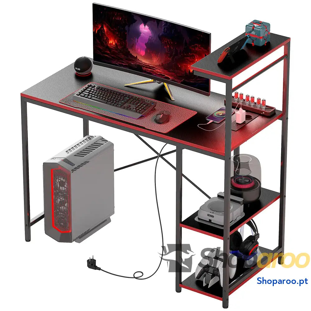 Secretária Gaming com Luzes LED 100x50 cm de Fibra Carbono Tomadas Corrente e Controlo Remoto Preto