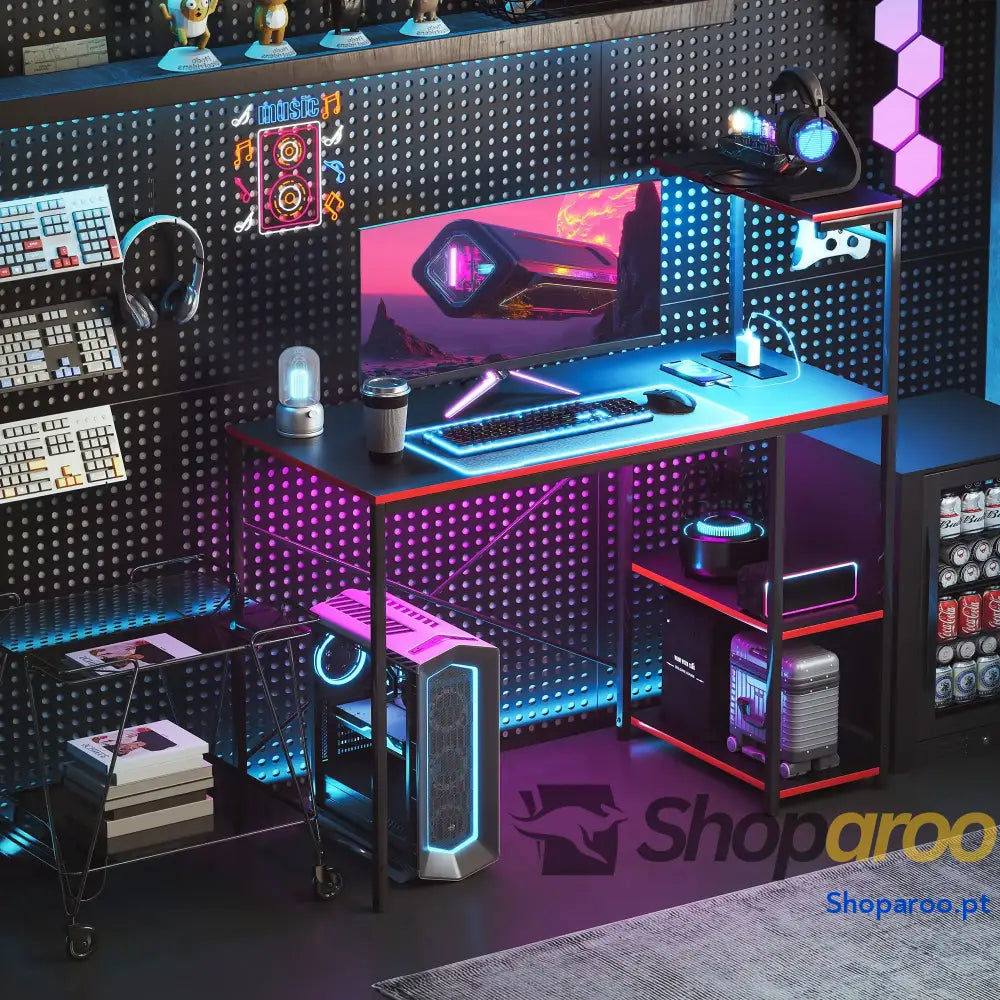 Secretária Gaming com Luzes LED 100x50 cm de Fibra Carbono Tomadas Corrente e Controlo Remoto Preto