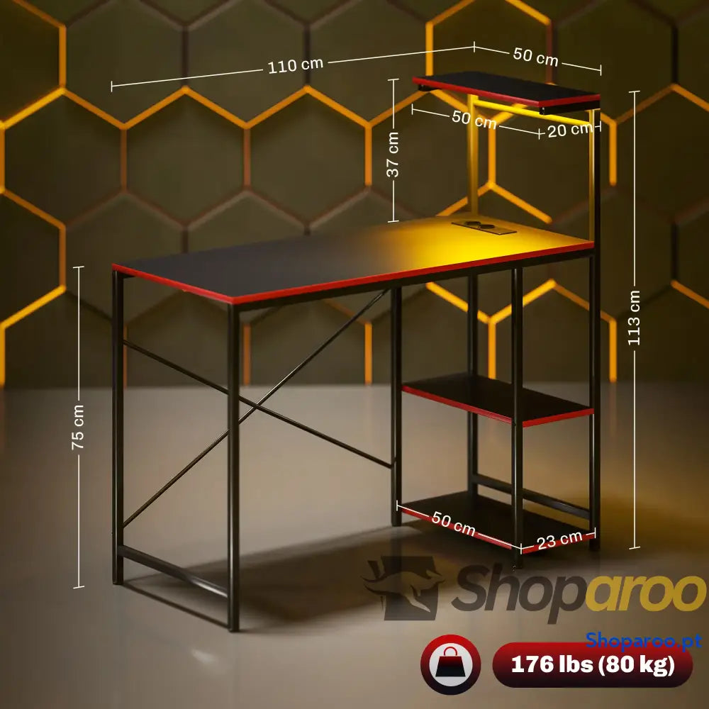 Secretária Gaming com Luzes LED 100x50 cm de Fibra Carbono Tomadas Corrente e Controlo Remoto Preto