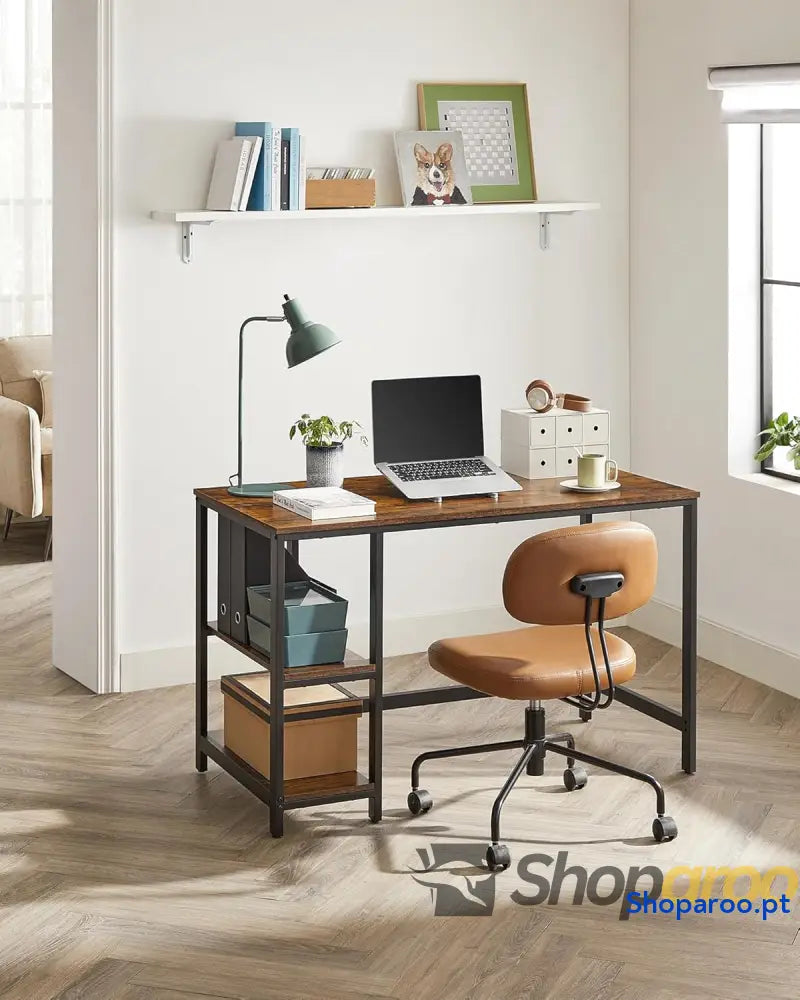 Secretária mesa de computador com 2 prateleiras à esquerda ou direita para escritório quarto estrutura aço industrial