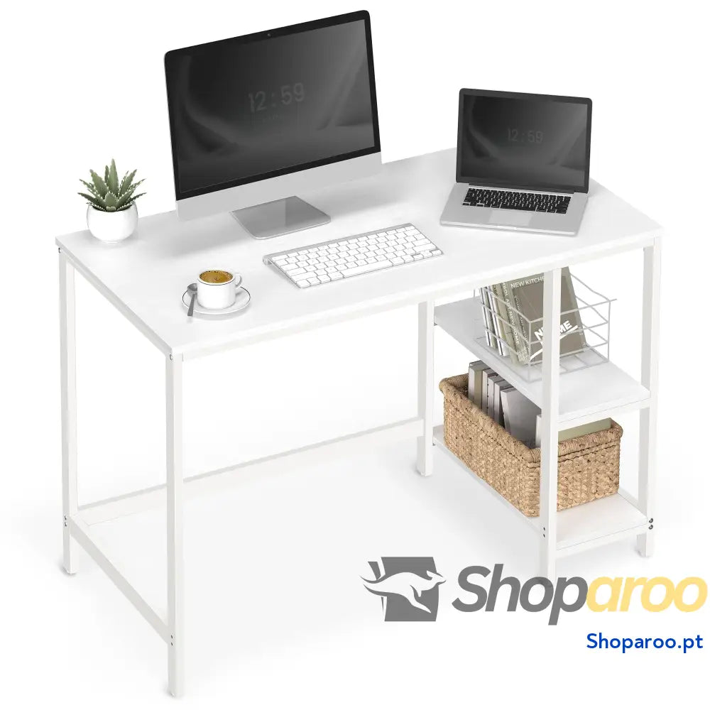 Secretária mesa de computador com 2 prateleiras à esquerda ou direita para escritório quarto estrutura aço industrial