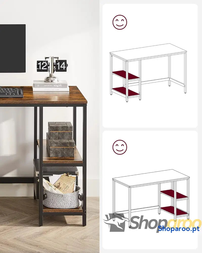 Secretária mesa de computador com 2 prateleiras à esquerda ou direita para escritório quarto estrutura aço industrial