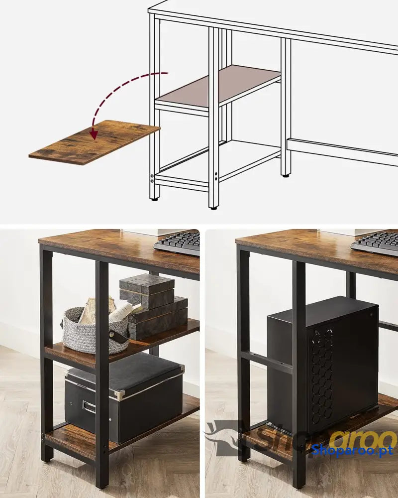 Secretária mesa de computador com 2 prateleiras à esquerda ou direita para escritório quarto estrutura aço industrial