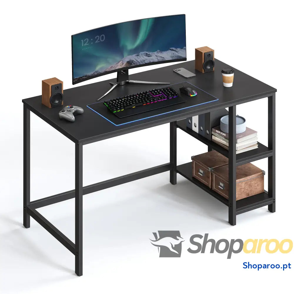 Secretária mesa de computador com 2 prateleiras à esquerda ou direita para escritório quarto estrutura aço industrial
