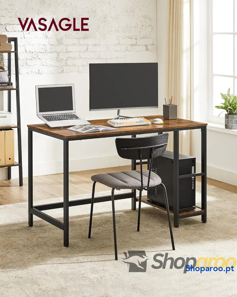 Secretária mesa de computador com 2 prateleiras à esquerda ou direita para escritório quarto estrutura aço industrial