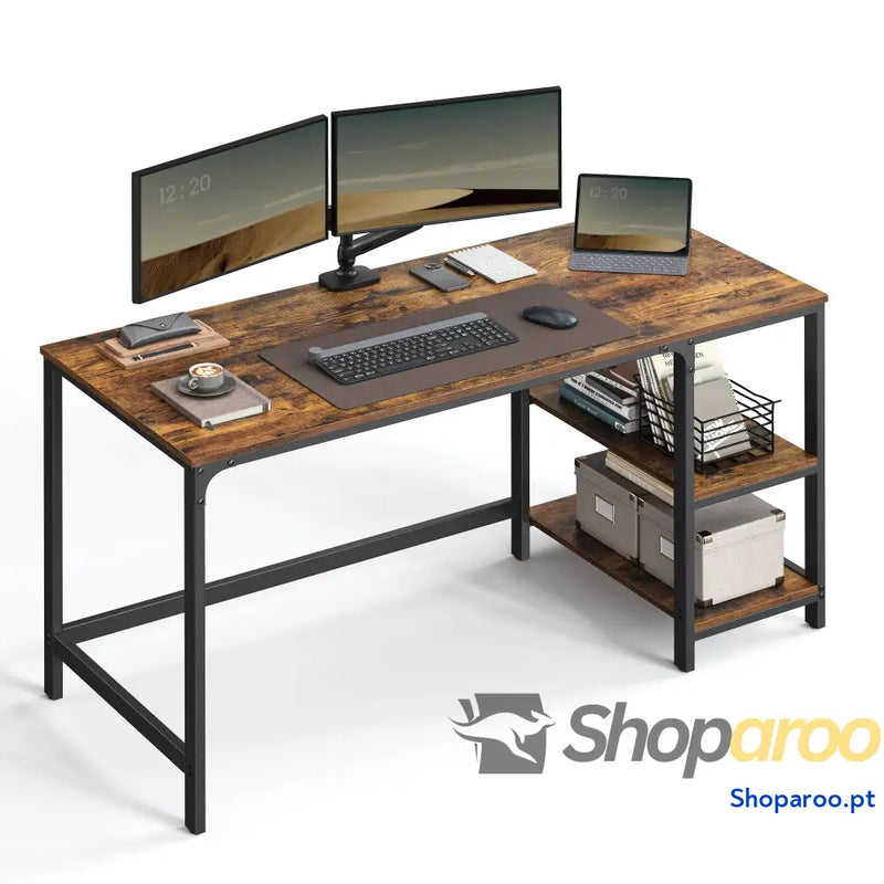 Secretária mesa de computador com 2 prateleiras à esquerda ou direita para escritório quarto estrutura aço industrial