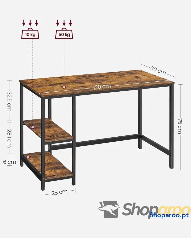 Secretária mesa de computador com 2 prateleiras à esquerda ou direita para escritório quarto estrutura aço industrial