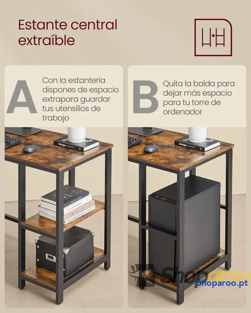 Secretária mesa de computador em forma L 120 x 130 76 cm esquina com 2 prateleiras economiza espaço para escritório