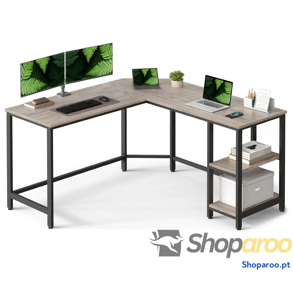 Secretária mesa de computador em forma L 120 x 130 76 cm esquina com 2 prateleiras economiza espaço para escritório