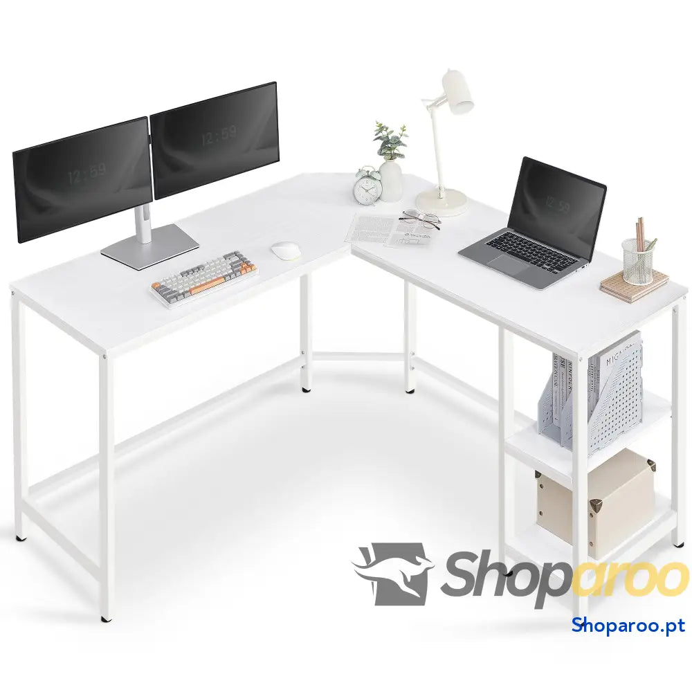 Secretária mesa de computador em forma L 120 x 130 76 cm esquina com 2 prateleiras economiza espaço para escritório