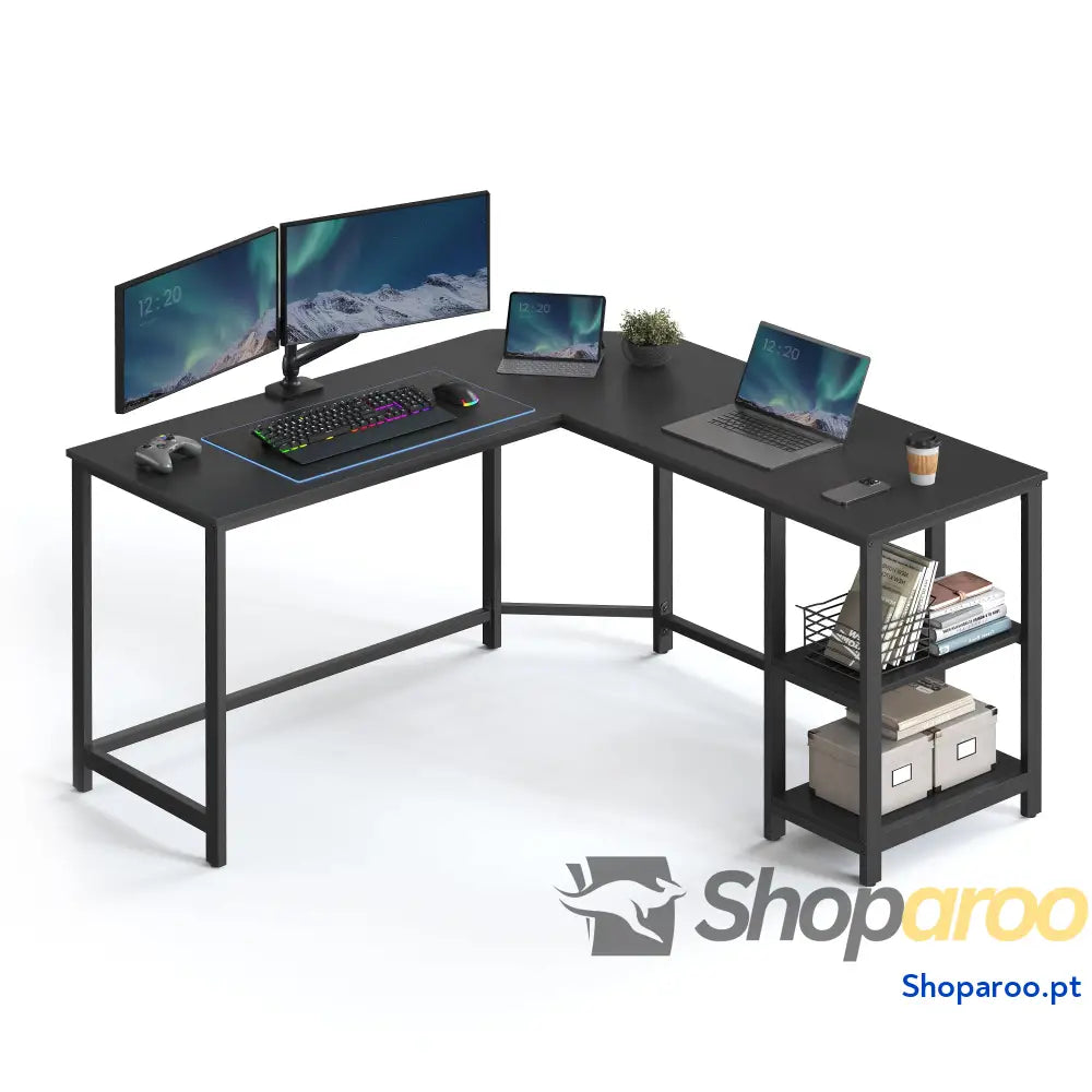 Secretária mesa de computador em forma L 120 x 130 76 cm esquina com 2 prateleiras economiza espaço para escritório