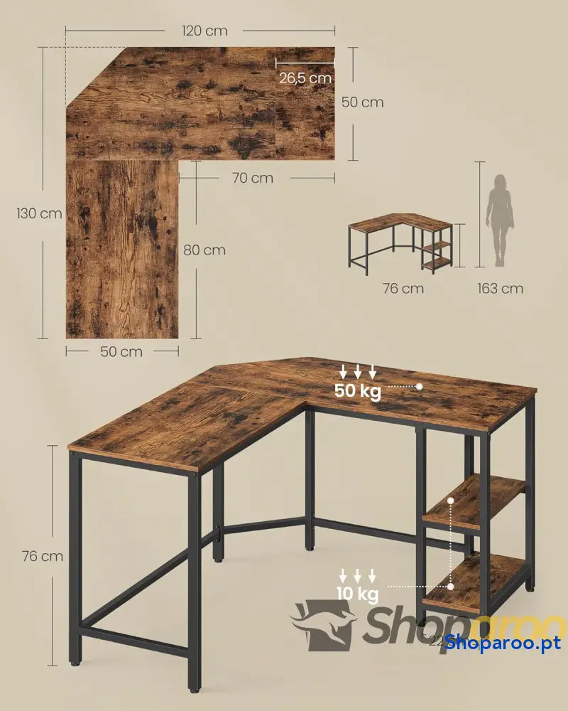 Secretária mesa de computador em forma L 120 x 130 76 cm esquina com 2 prateleiras economiza espaço para escritório