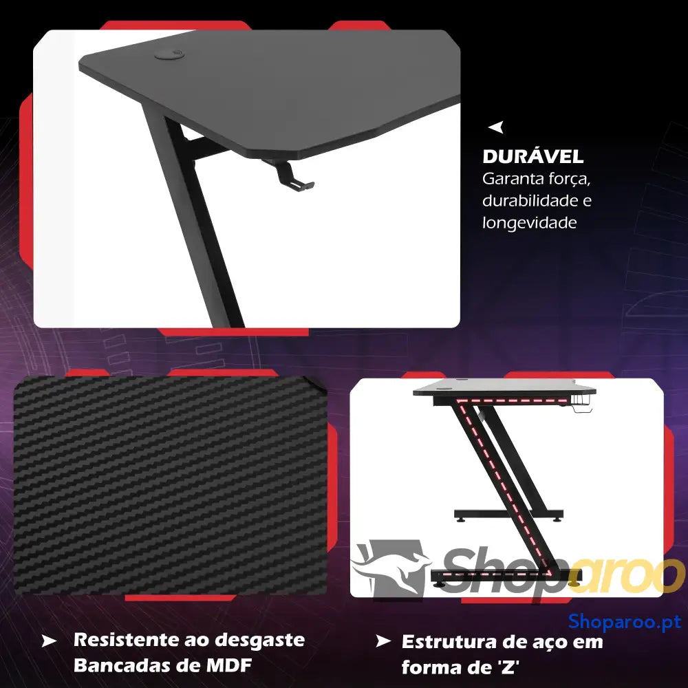 Secretária tipo gaming mesa de escritório com suporte para copos gancho e pés ajustáveis 120x65x74,5 cm preto