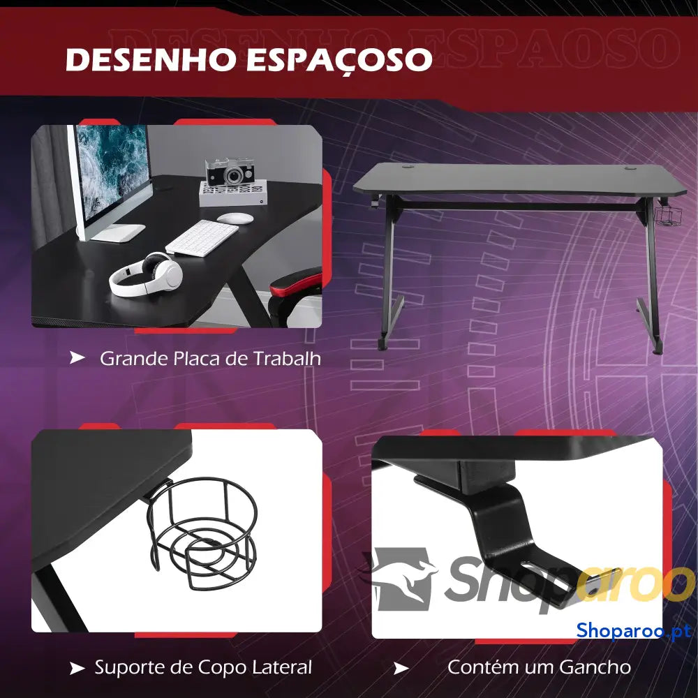 Secretária tipo gaming mesa de escritório com suporte para copos gancho e pés ajustáveis 120x65x74,5 cm preto