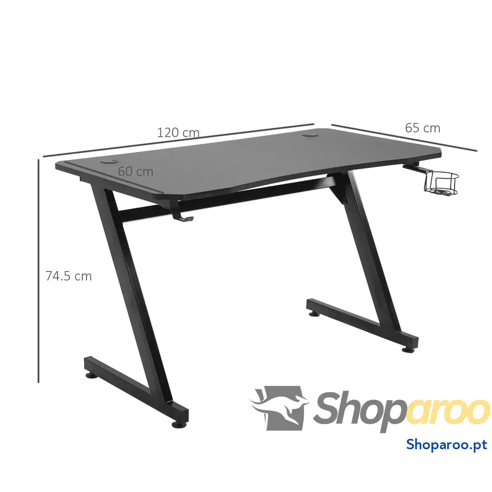 Secretária tipo gaming mesa de escritório com suporte para copos gancho e pés ajustáveis 120x65x74,5 cm preto