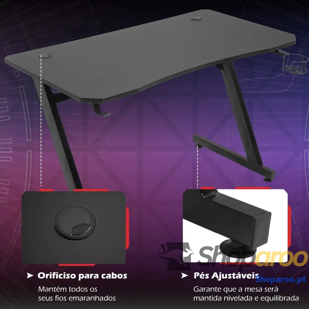 Secretária tipo gaming mesa de escritório com suporte para copos gancho e pés ajustáveis 120x65x74,5 cm preto