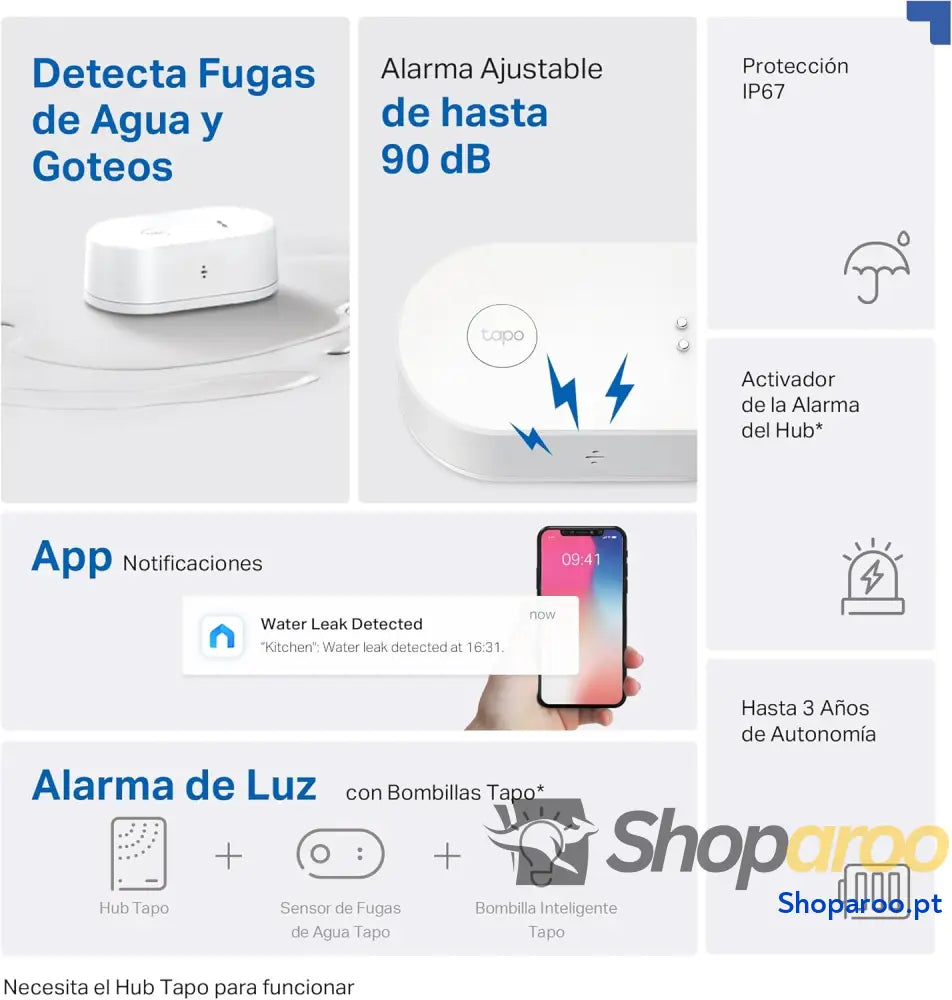 Sensor inteligente de fugas água classificação IP66 à prova alarme 90 dB compatível com concentrador indução dupla