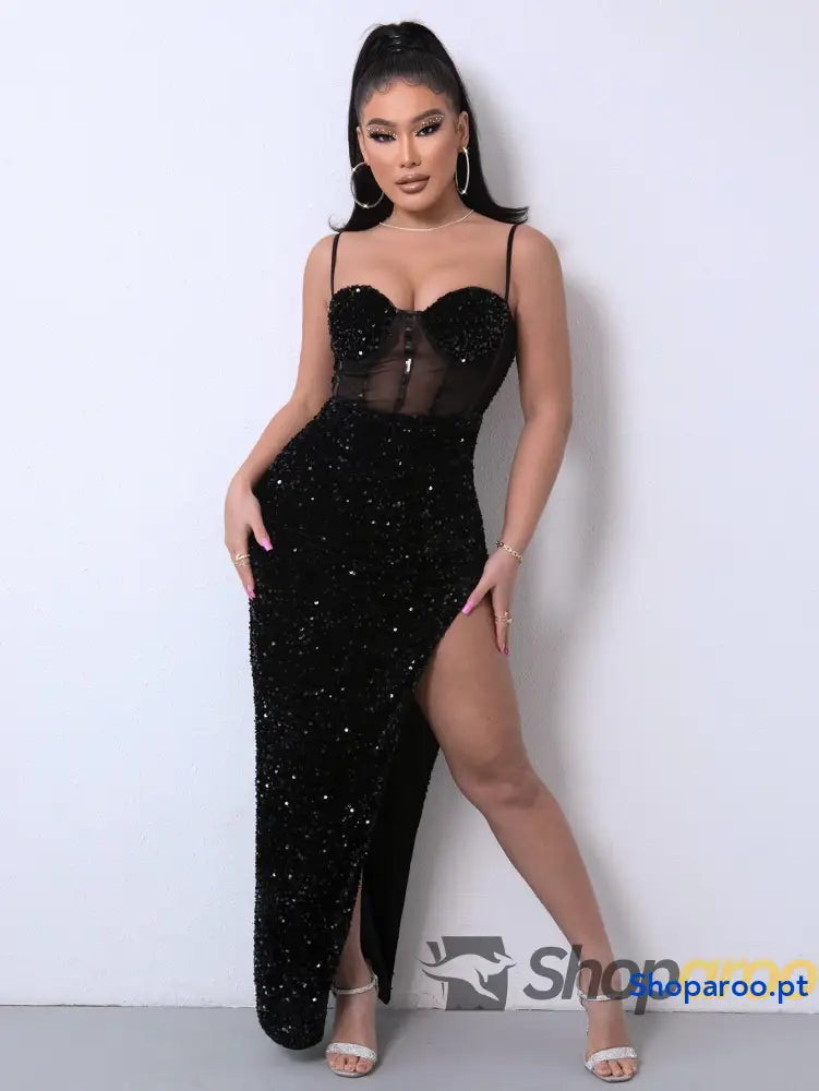 Sequin Spliced Mesh Adjustable Strap Dress
