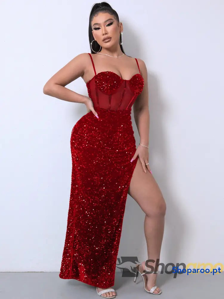 Sequin Spliced Mesh Adjustable Strap Dress