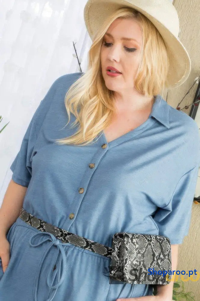 Short Sleeve Collar V Neck Waist Elastic Side Pocket Button Down Knit Romper