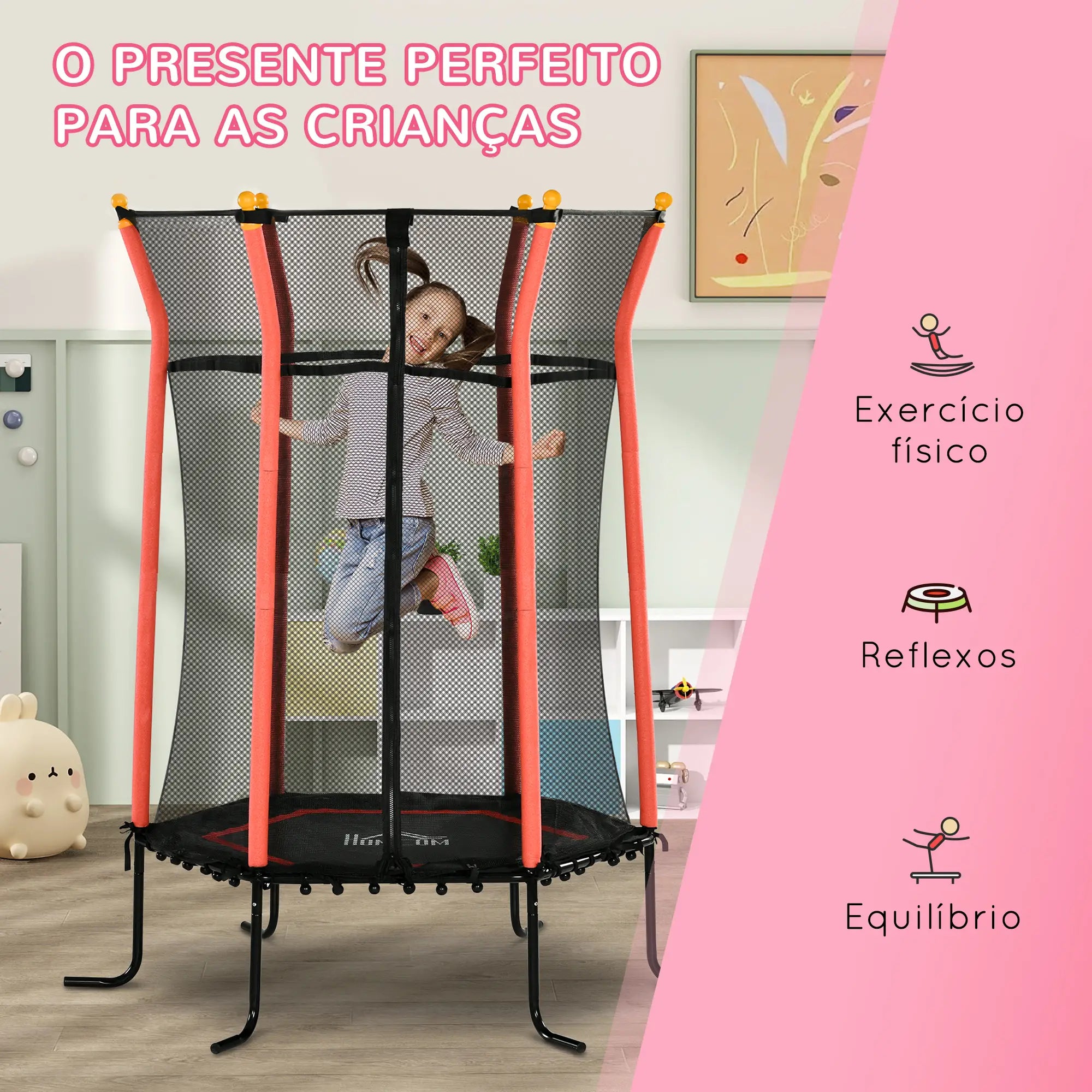 Trampolim para Crianças com Rede de Segurança e Estrutura de Aço para Interiores e Exteriores Carga 50kg Ø163,5x190 cm Vermelho