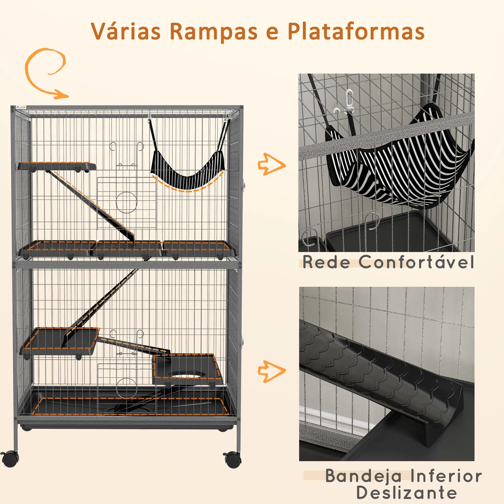 Gaiola para Roedores 80x52x128 cm com Rodas e 4 Níveis Cinza Escuro