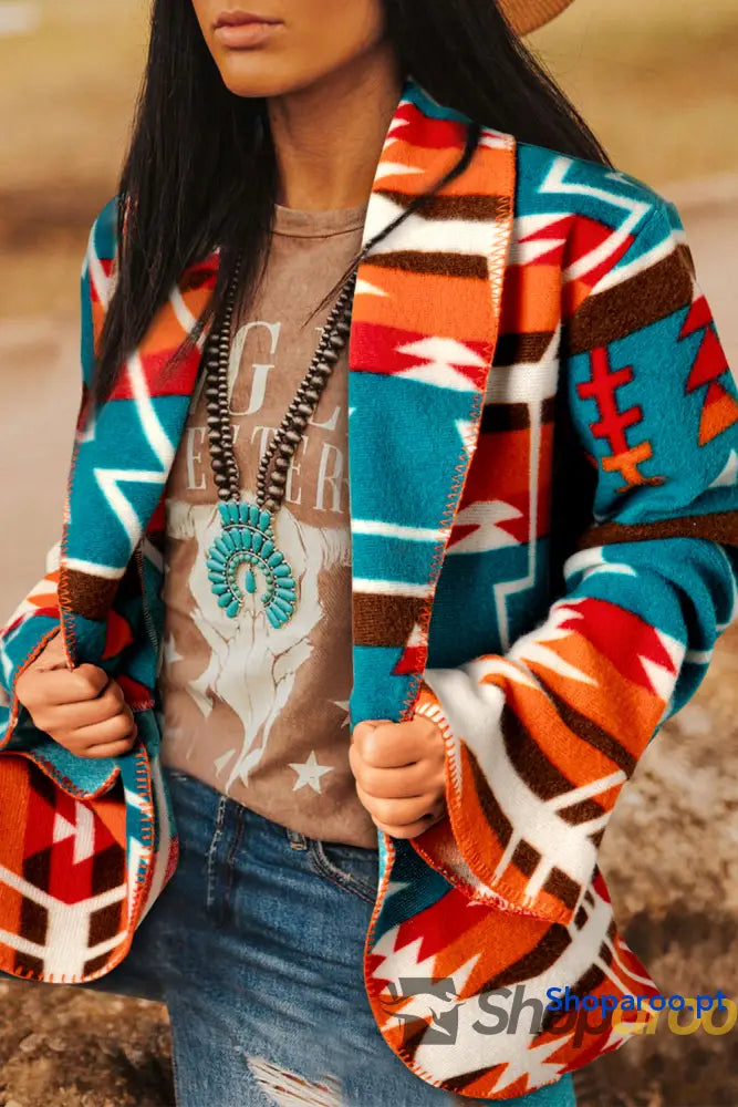 Sky Blue Aztec Printed Lapel Bell Sleeve Jacket
