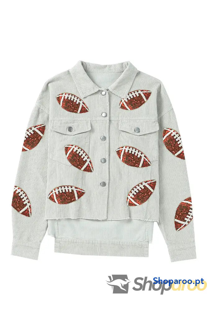 Sky Blue Sequined Rugby Football Patch Ribbed Cotton Jacket