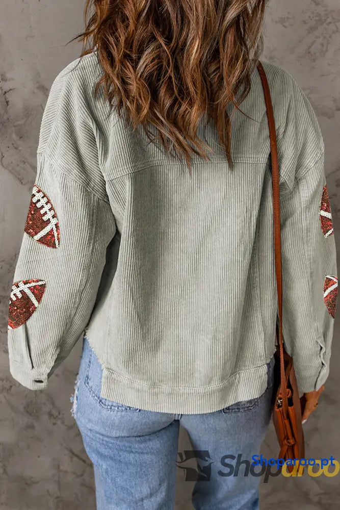 Sky Blue Sequined Rugby Football Patch Ribbed Cotton Jacket