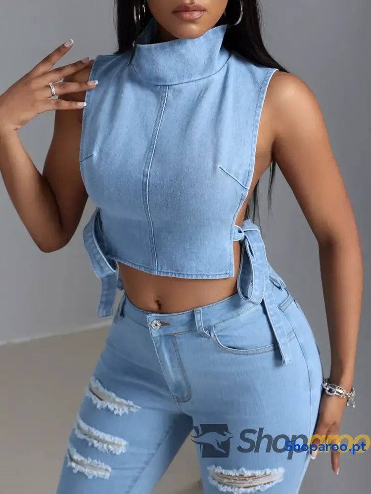 Sleeveless Cropped Denim Turtleneck Top with Side Tie Details