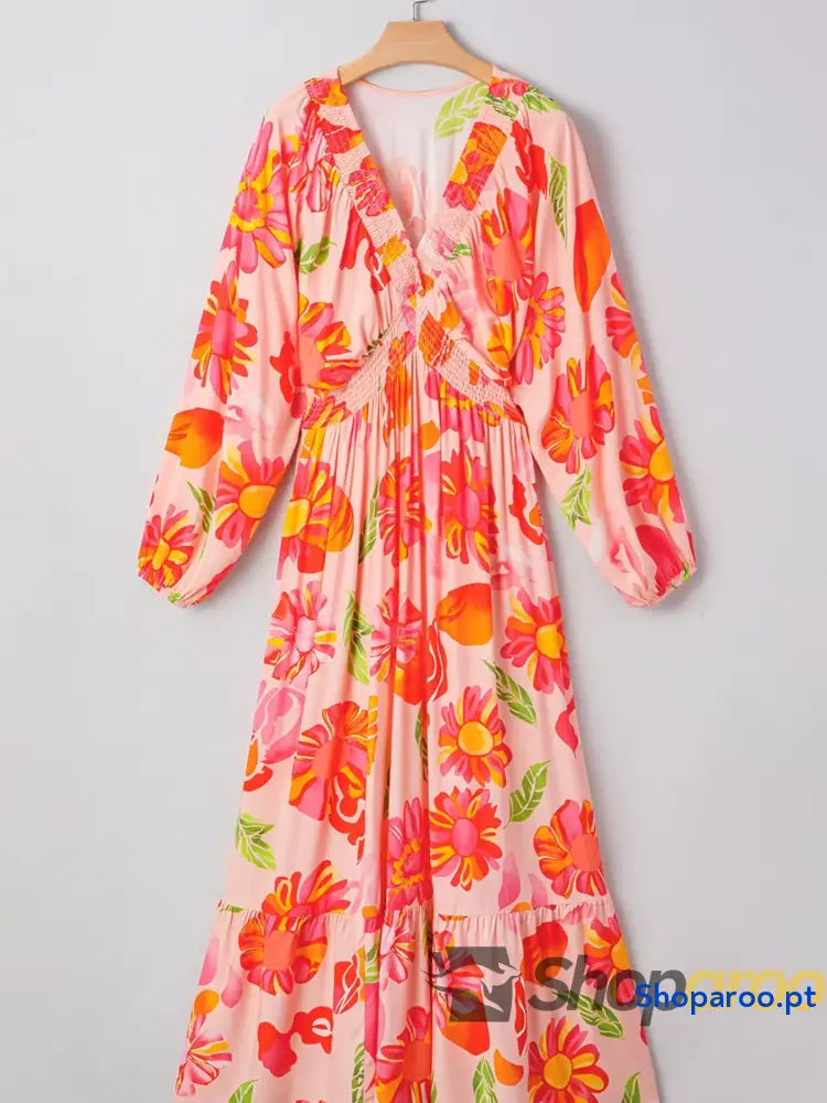 Vestido comprido de manga comprida com folhos florais