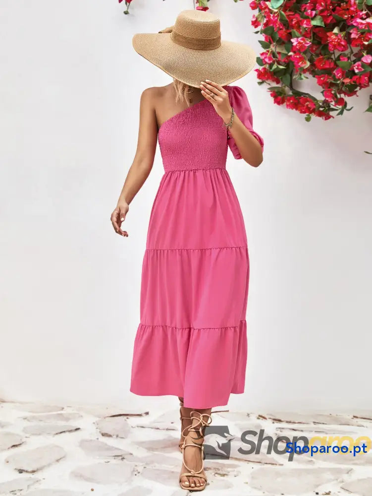 Smocked One-Shoulder Midi Dress